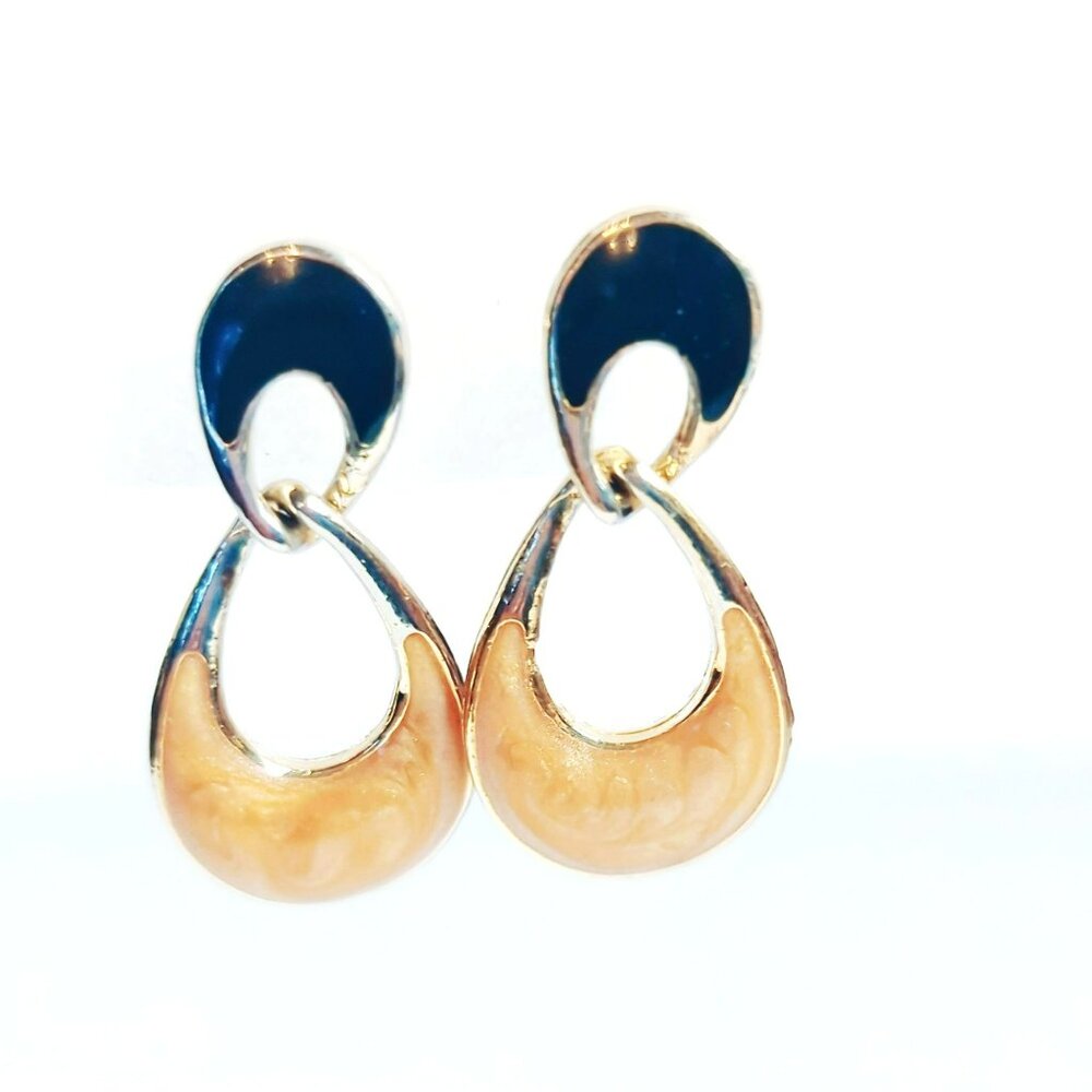 Vintage Gold-Tone Enamel Dangle Earrings With Abstract Design Black Peach